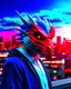 Placeholder: Man with dragon mask incredibly detailed mask city background digital art red white and deep blue 8k