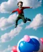 Placeholder: Ultra realistic clouds sky scene, medium shot view, portrait, sweet Peter Pan Childs free jumping flying, trinkets, monster hair, jelly beans, inflatable helmet, smile, happy, Wes Anderson style, inflatable color clothing, extreme, wind, clouds sea, 20,000 feet altitude, stratosphere, soft color, highly detailed, unreal engine 5, ray tracing, RTX, lumen lighting, ultra detail, volumetric lighting, 3d, finely drawn, high definition, high resolution.