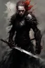 Placeholder: A formidable warrior man in black armor defends herself with a shiny sword, a fabulous scary hero, juicy emotions, painting, gloomy fantasy, gloomy day, dark world,, without a background, oil and graphite, wide strokes, a weaving frame around, by Ryohei Hase, Agnes Cecile, Raymond Swanland, Anne Bachelier