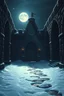 Placeholder: fantasy of a Dungeons and Dragons style , fantasy castle hall made of dark stone, snow on the floor, night, moonlight