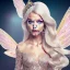 Placeholder: fantasy fairy with transparent wings, smiling, make up, long platinum blond hair with crown and flowers, pink dress