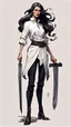 Placeholder: Full body character design, athletic female with black wide legged and high waisted pants, white blouse, face made of white porcelain in a Greek sculpture style , long hair, holding a trench cleaver, flat leather pouch on belt, thick heeled shoes