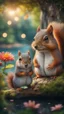 Placeholder: magazine cover with black border, adjust hue for evening, close up portrait of squirrel by lake fishing couple with weird cute huge eyes from a tree house in wonderful enchanted magical forest with amazing variety of plants and flowers,bokeh like f/0.8, tilt-shift lens 8k, high detail, smooth render, down-light, unreal engine, prize winning