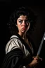Placeholder: A portrait of a Warrior woman, black hair, Caravaggio style