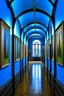 Placeholder: A museum for displaying paintings, whose side walls are oval and made of blue glass, with a corridor at the end on the left side