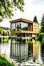 Placeholder: photo d'une maison d'architecte en bois donnant sur un lac