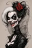 Placeholder: create a caricature of a gothpunk vampire girl with highly detailed and refined facial features and hair, clothed in an ornate Gothic rags and fishnet stockings, in the caricature cartoon style of Gerald Scarfe and Ralph Steadman, precisely drawn, boldly inked, vividly colored, 4k