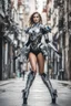 Placeholder: Photography beautiful woman as cyborg dancer wearing dress full mechanical,dance on street