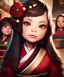 Placeholder: pixar style, ancient japanese temple environment, extreme closeup front face portrait of one cute young loli princess, traditional kimono, slim, slightly squinting, excited facial expression, smirking or pouting, long fringed wavy messy random hairstyle, deep dark real humanly eyes, perfectly round iris, fine detailed long eyelashes, realistic shaded perfect face, round face, blushing, sharp focus, small bosom, chibi, kawaii, gothic, artwork by shinichiro watanabe