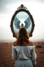Placeholder: a woman standing in front of a mirror with reflection of her as an Angel in the mirror, in the middle of the desert in foggy Sky background
