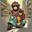 Placeholder: Monkey riding a scooter with sunglasses, cartoonize, dricing on a curve highway