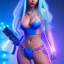 Placeholder: Ana de Armas naked as jinx from arcane standing in a nightclub with light blue hair and long blue plats, blue tattoos on arms, stomach showing, bullet belt with guns, alluring, bedroom scene, cosplay, photo realistic,