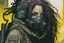 Placeholder: front facing full length portrait illustration of a grunge armored female with beaded dreadlock hair cyberpunk vampire mercenary with gas mask, telecommunications headset, and shemagh, highly detailed with gritty post apocalyptic textures, toxic irradiated landscape, finely detailed facial features and hair, in the graphic novel style of Bill Sienkiewicz,