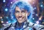 Placeholder: cosmic bionic beautiful men, smiling, with light blue eyes and straight blu hair in a magic extraterrestrial landscape with coloured fairy forest stars and bright beam