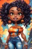 Placeholder: vibrant psychedelic comic book image, airbrush, 8k, cartoon art of a chibi curvy black female wearing torn jeans pants and a orange tie dye off the shoulder blouse. Prominent make up with lush lashes. Highly detailed sleek wavy ponytail