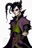 Placeholder: Young tiefling nobleman alchemist with black hair horns and large reptilian tail gothic jewelry and potion bottles in the style of Charles Addams