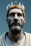 Placeholder: Ultra Realistic image, Roman sculpture, white marble material, Lionel Messi, gold crown of thorns, god crown, baroque ornaments, sun ornament, sun rays background, chisel style, waist up portrait, epic, celestial, cinematic lighting, God light, god rays, 4k resolution, smooth details, soft lighting, unreal engine 5, art station, substance 3d.