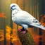 Placeholder:  top of mega high tree, portrait of white pigeon, autumn forest background