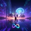 Placeholder: 3D infinity symbol ∞, infinity figure-of-eight symbol is totally-symmetrical and brightly coloured, man silhouette facing epic scene of building, glowing earth, water, network and lights, exotic, inspiring, fantasy, neon, friendly, beautiful, octane render, 8k post-production, artstation: award-winning: atmospheric: commanding: fantastical: clarity: 16k: ultra quality: striking: brilliance: liquid medium: stunning colors: amazing depth; lens: f/8, 28mm