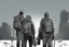 Placeholder: four persons, standing, silhouette, comic book,post-apocalypse, gray background, backpack,