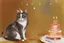 Placeholder: beautiful composition, cat birthday party with cake, watercolor and ink, golden glitters in ochre in sunshine