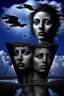 Placeholder: Surrealism, Dual Faces, Dream Imagery, Symbolism, Realism, Fantasy, Subconscious, Landscape, Time, Isolation, Mystery, Water, Birds, Clouds, Illusion, Human Psyche. two faces. One upright, one upside down. contemplative and mysterious. left eye is a barren landscape with a lone tree, the right eye contains a cloud-filled sky with birds flying. The mouth of the upright face is filled with water