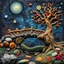 Placeholder: Photograph hasselblad h6d400c --ar 85:128 --v 6.0 of a fairy old bewitched bridge, tree, made of felt, art, 3d deep field, Joan Miró, wide angle landscape scene, galaxies, creepy, Max Ernst, needlepoint, abstract silhoutte, expressionist style, colorful