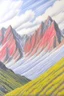 Placeholder: colored pencil drawing, realistic, pencil, mountains