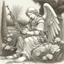 Placeholder: renaissance style angel, sitting in a garden, inspecting an ak 47 gun, pencil sketch, beautiful