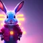 Placeholder: pixar style anamorphic cute smiling baby rabbit, smiling, cyberpunk headphone, sunglass, gangsta gold neckless, full body, magenta puffer jacket, manila city backdrop, dramatic lighting, hyper realistic, unreal engine 5, 16k