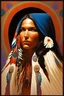 Placeholder: a beautiful native American woman in the foreground wrapped in a blanket as painted in the style of Thomas Blackshear