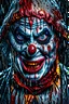 Placeholder: ultra detailed and highly realistic image of a gothic, scary clown, close up of him standing in the rain, the rain messed up his face makeup as it smudged of his face, chaotic, dramatic upclose view, 32k, splatter paint style