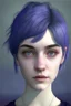 Placeholder: Realistic female teenager with pale skin, big grey eyes, blue and purple short hair, angular facial features, round face, prominent collarbones, black clothing