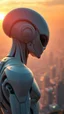 Placeholder: Photoreal Gorgeous godlike white alien cyborg looking over a futuristic city on the horizon in mystical haze at golden hour , otherworldly creature, in the style of fantasy movies, photorealistic, bokeh masterpiece smooth shading, ultra detailed, high resolution, cinematic, unreal 6, subtle shadows, octane render, 8k, cinema 4d, HDR, dust effect, vivid colors