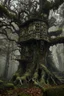Placeholder: a scary one tall tree without leaves with small tree house in the top of it . its skin is covered in moss and lichen, allowing it to blend seamlessly into its surroundings. Forest Spirits feed on the energy of trees and can create thick fog to confuse their victims.
