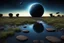 Placeholder: Dark blue sky with one exoplanet in the horizon, rocks, puddle, weeds, sci-fi movies influence, epic