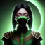 Placeholder: jade, mortal kombat, face, smile, dark skin color, dark ninja mask, black hair, brown eyes closed, woman