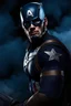 Placeholder: 3D Portrait of Alan Ritchson as Captain America, perfect body, perfect face, perfect eyes, dark hair, glamorous, gorgeous, delicate, romantic, realistic, romanticism, blue tones, Boris Vallejo - Pitch black Background - dark, wood panel wall in the background - fire, fog, mist, smoke