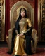 Placeholder: A length image of photography full body photo of a beautiful-faced Persian islamic hijab Queen sitting on a luxurious chair in a palace, wearing luxurious battle armor with a design of gold and black metal plate and metal crafts with radiant diamond luster, decorated with flower-shaped red diamond stone, black leaf decorations,and small dragon decorations, against a gold background, holding a gold carved sword, accompanied by two white tigers angry face sitting beside him, with added details.