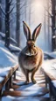 Placeholder: hare in the snow on bridge in the forest, magazine cover illustration with oil paint and spray paint, signed, bokeh like, down-light, unreal engine, prize winning