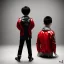 Placeholder: photo from behind, only Distant Japanese child boy, black hair, sitting on floor, akira red jacket with pill in the back, extremely detailed, extremely realistic