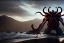 Placeholder: Cthulhu rising, dark, ocean, mist, mountains in background, massive