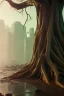 Placeholder: Cyberpunk theme, portrait of Oak tree roots holding man inside, misty sunny day, close-up portrait, symbios