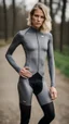 Placeholder: photography of a beautiful anorexic woman, grey satin triathlon top, sports illustrated, blond short wavy bob haircut, pronounced sternum, flat chest, anthracite cycling leggins