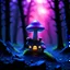 Placeholder: "Close up of a wonderful tiny Mushroom Tower home. indigo and magenta with bright white, deep black and contrasting tones of gray. Illuminated bioluminescent forest. Professional painter, master at composition. small but detailed. broken, blurred background, voluminous lighting"