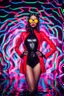 Placeholder: super model pretty girl ,fashion style,latex suit,headphone with sunglasses colorsfull ,background neon light