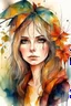 Placeholder: watercolor portrait of a woman, lush hair, rain, flowers, umbrella, autumn, paint blots, splashes, tears, plants