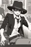 Placeholder: manga, anime, drawing, art, cartoon, perfect body, perfect hands, perfect face, perfect eyes, perfect arms, perfect cowboy hat, mafia woman, female mafia,, short hair pixie cut shaved side, black suit and tie, sunglasses, badass, cool, attractive