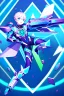 Placeholder: neon blue, flying parts of armor in form of triangles, cyber armor, geometric patterns on armor, male, orbiting triangle