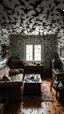 Placeholder: A room with furniture full of thousands of bats everywhere on a the walls , ceiling, on the furniture coming all from an open window